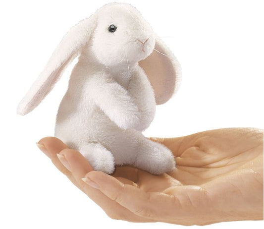 Hvid kanin. Man kan have kaninen på sin pegefinger og agere kaninens bevægelser. Kaninen er 13 cm høj og har hængeører.